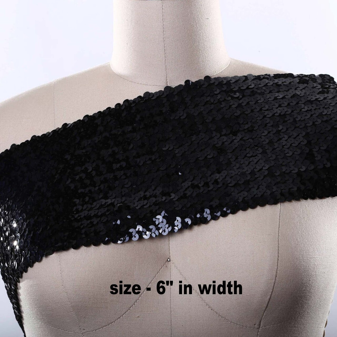 1 Yard 6" Wide Black Stretch Sequin Trim Elegant Flat Round Sequin Band